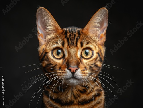 Bengal Cat Portrait Intense Gaze Black Background