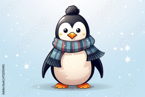 Cute drawing of a penguin with a scarf and hat  on a snowy background