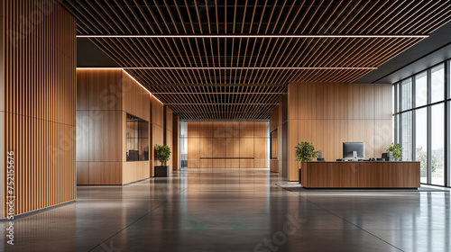 An empty lobby featuring a wooden desk in the center of the room and large windows on one side