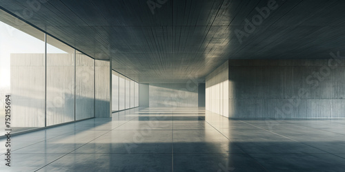 Contemporary architecture featuring a sunlit corridor with reflective flooring during morning hours