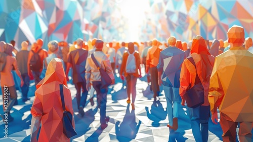 Crowded People Walking in One Direction Low Poly Style