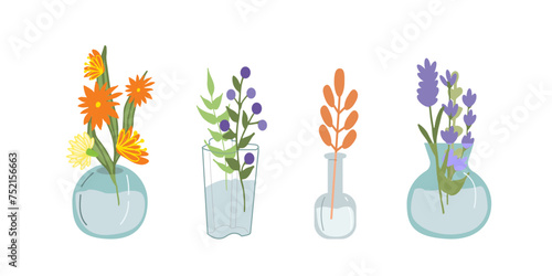 Set of bright spring and summer blooming flowers in vases and bottles isolated on a white background. Cartoon flat vector illustration.