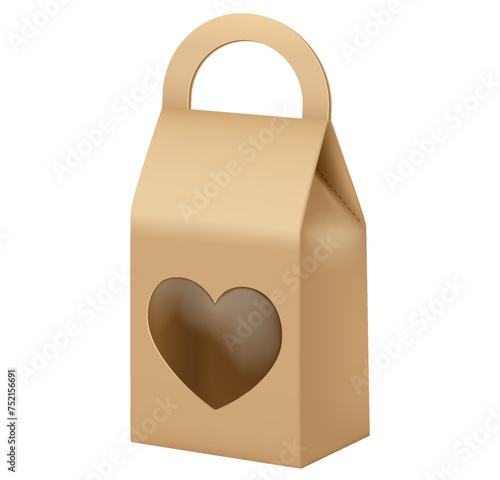 Comfortable paper bag with heart shaped window realistic vector illustration. Takeaway food recyclable package 3d object on white background