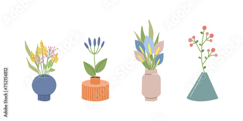 Set of bright spring and summer blooming flowers in vases and bottles isolated on a white background. Cartoon flat vector illustration.