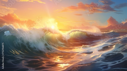 big tube wave in ocean or sea at sunset or sunrise. Surfing sport hobby background. Surf spot.