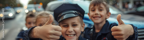 Group of children smiling, having thumbs up doing their dream job as Police Officers standing in the street with traffic. Concept of Creativity, Happiness, Dream come true and Teamwork.