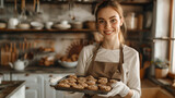 Radiant woman showcasing her baking skills with a tray of delicious cookies, exuding warmth and happiness in a modern kitchen setting