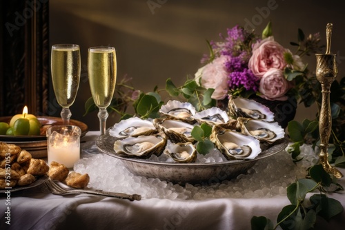 oysters at romantic seafood dinner with champagne in glasses
