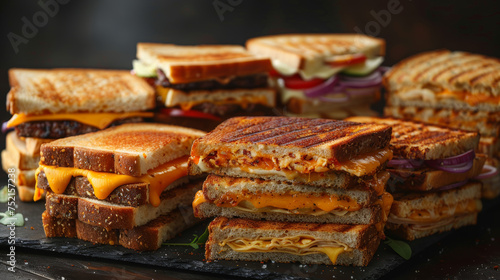 assortment of various hot, cheesy, grilled cheese sandwiches