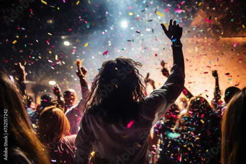 diverse people dancing at 80s style party with confetti having fun and enjoying life. Nightlife and clubbing. 