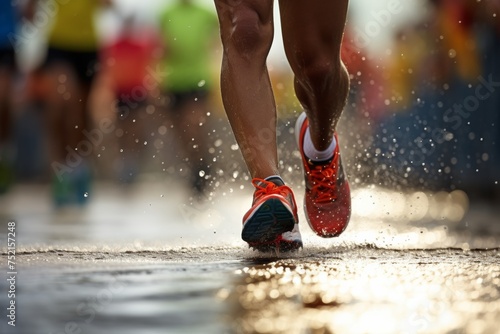 Running marathon - closeup of feet in ports shoes with splashes of water
