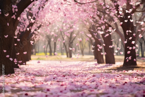 Spring background with cherry blossom petals falling from trees alley in bloom