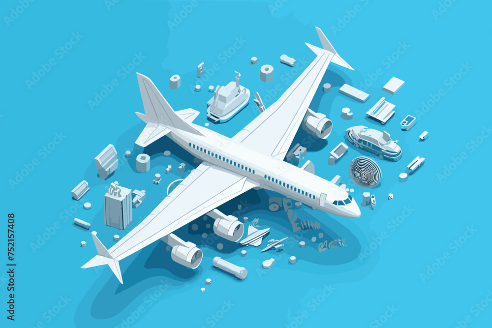Flat lay design of travel concept with plane on blue vector illustration. Generative AI