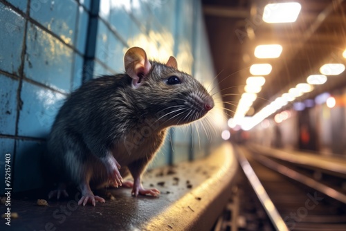 rat in metro underground tunnel in big city. Rats on the rise urban  issue. 