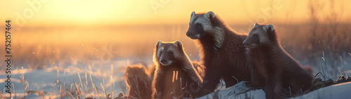 Wolverine family walking towards the camera in the forest with setting sun. Group of wild animals in nature. Horizontal, banner. © linda_vostrovska