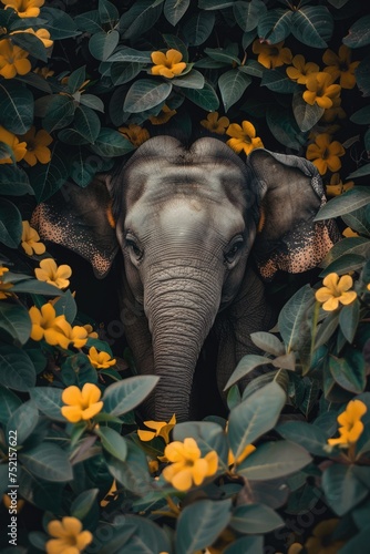 world wildlife day. elephant looking through jungle leaves . ai generated