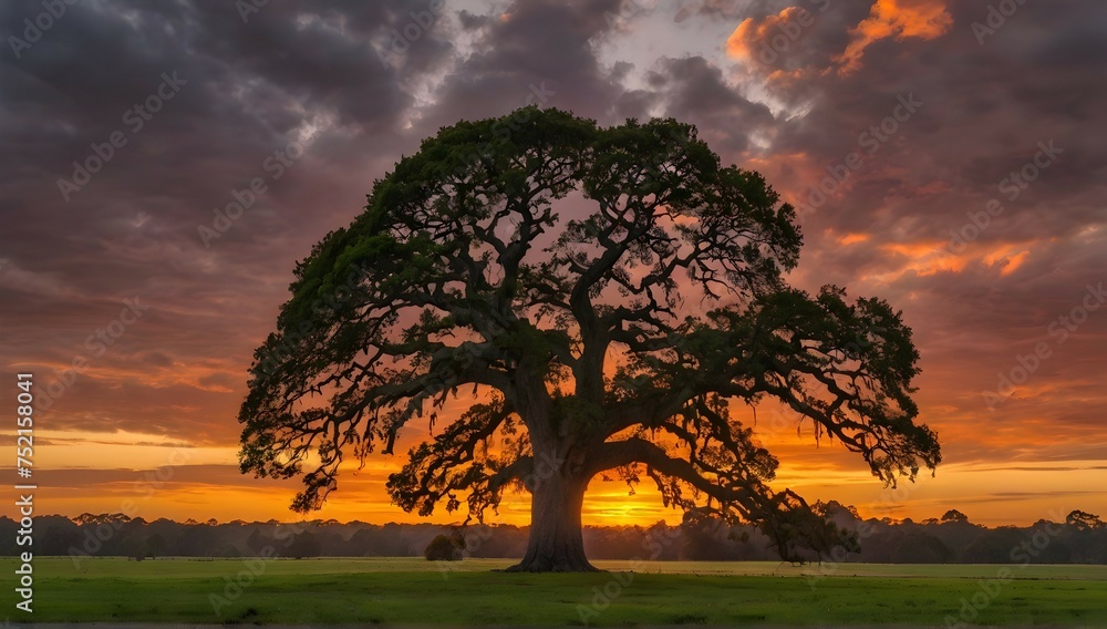 A majestic oak tree stands tall and proud, its branches reaching towards the sky as the sun sets behind a blanket of clouds. The lush green grass below provides a stark contrast to the fiery orange an