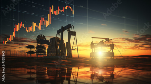 Oil pumps and drilling rigs at sunset with financial graphs overlay  symbolizing energy markets.