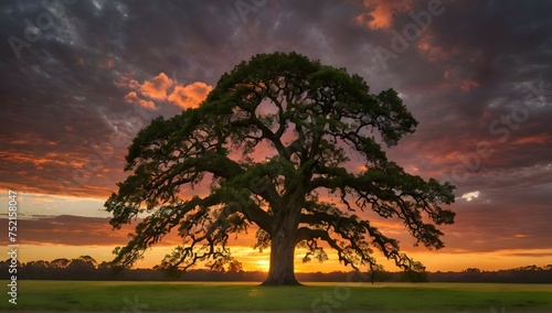 A majestic oak tree stands tall and proud, its branches reaching towards the sky as the sun sets behind a blanket of clouds. The lush green grass below provides a stark contrast to the fiery orange an
