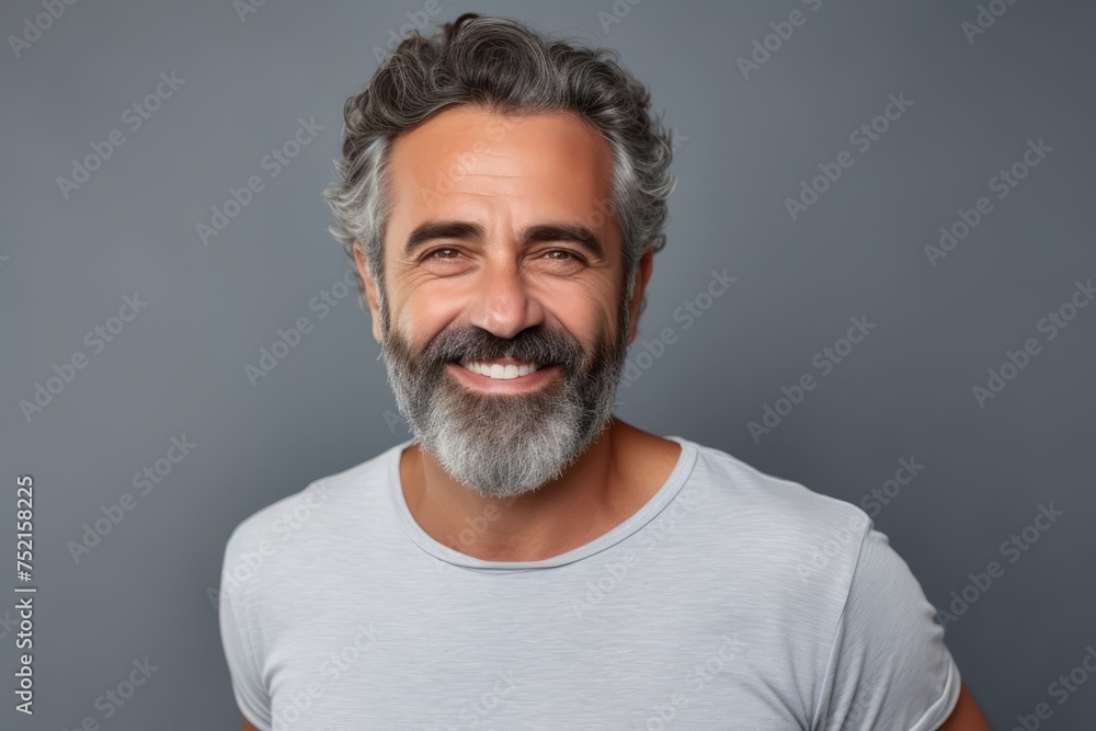 Portrait of handsome mature man with gray beard and mustache looking at camera and smiling while standing against grey background Portrait of handsome mature man with gray beard and mustache looking at camera and smiling while standing against grey background