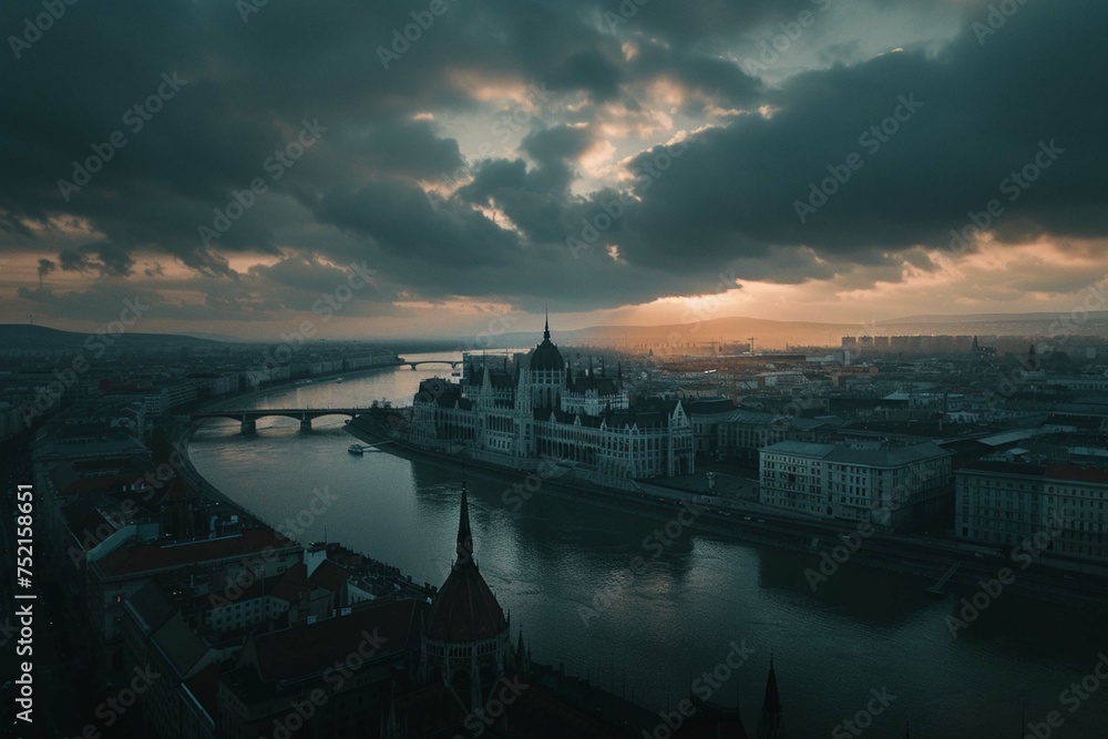 Aerial shot of Hungarian parliament building in Budapest, Hungary under a cloudy sky