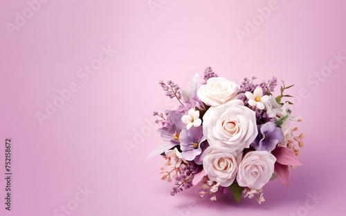 bouquet de fleur ultra romantique, dans les tons blanc, rose clair et violet, avec des roses et d'autres fleurs sur fond parme avec espace négatif copyspace, fête des mères, grand-mères, anniversaire © Noble Nature