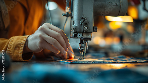 Close-up of hands sewing fabric with a sewing machine, focus on needle, blurred background.