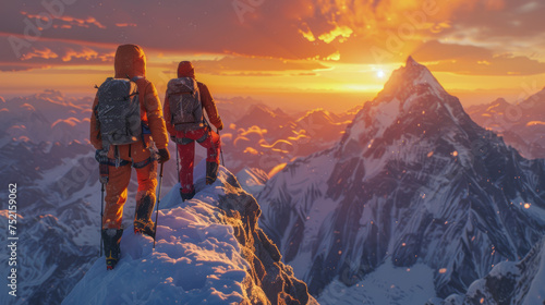 two mountain climbers on a peak with sunrise in the sky
