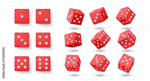 Red gambling dices realistic vector illustration set
