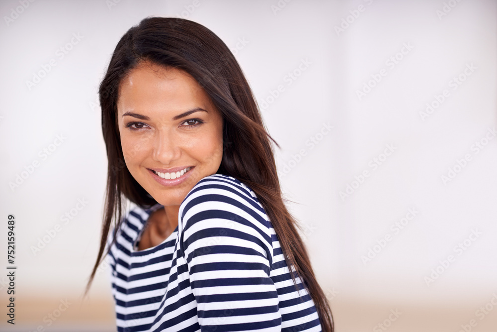 Portrait, beauty and woman with smile or makeup confidence, smooth and glowing skin for happiness. Face treatment, routine and person with pride for skincare, health and wellness for cosmetics Portrait, beauty and woman with smile or makeup confidence, smooth and glowing skin for happiness. Face treatment, routine and person with pride for skincare, health and wellness for cosmetics