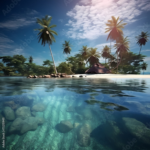 A tropical island with palm trees and clear water.