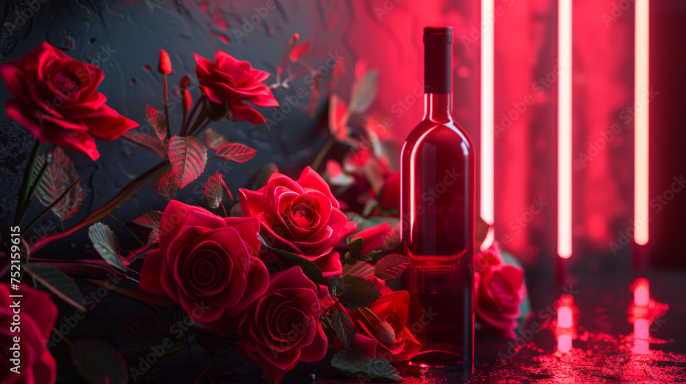red laser Rose lines and a bottle of red wine in the mirro - obrazy, fototapety, plakaty 