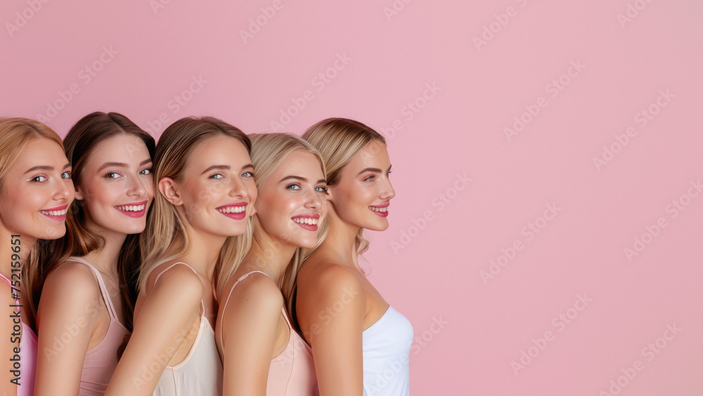 Three young women side by side with flawless skin and natural makeup, set against a pastel pink backdrop Three young women side by side with flawless skin and natural makeup, set against a pastel pink backdrop