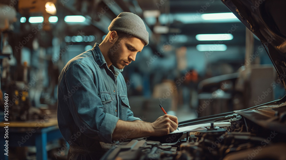 Focused mechanic with hardhat working on a car engine in a dimly lit garage, using a flashlight. Focused mechanic with hardhat working on a car engine in a dimly lit garage, using a flashlight.