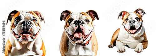 Three English Bulldogs with friendly faces, PNG format on a transparent background. photo