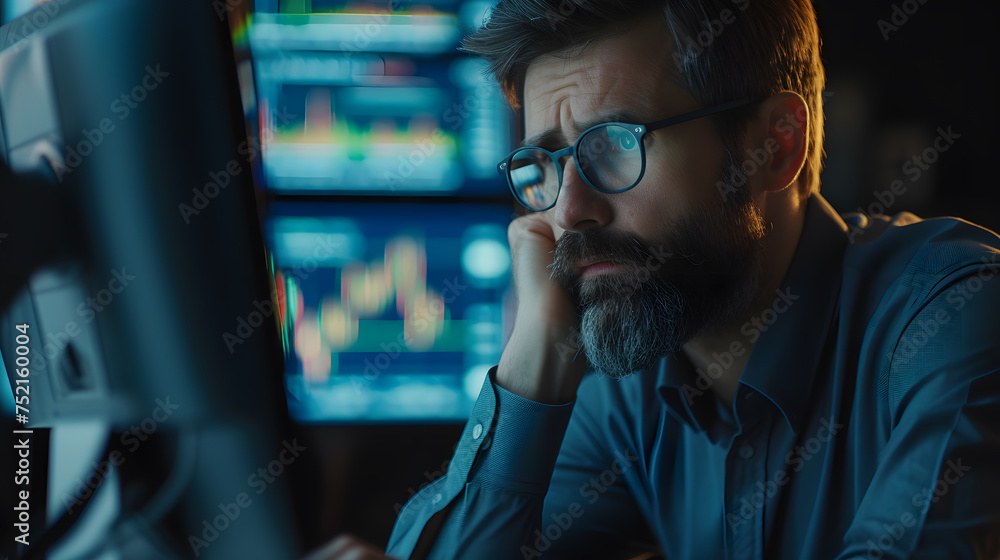 Fototapeta premium A male investment analyst looking at his computer screen thinking hard about his strategy.