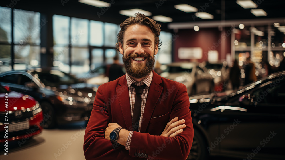 Smiling bearded sales consultant against the backdrop of luxury vehicles in a car showroom - obrazy, fototapety, plakaty 