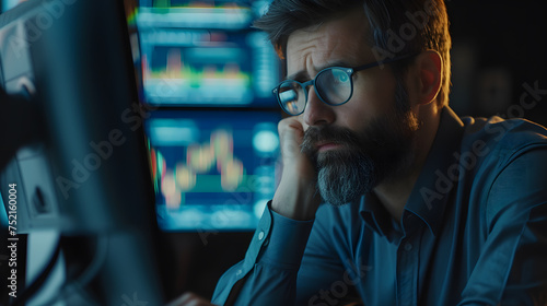 A male investment analyst looking at his computer screen thinking hard about his strategy.