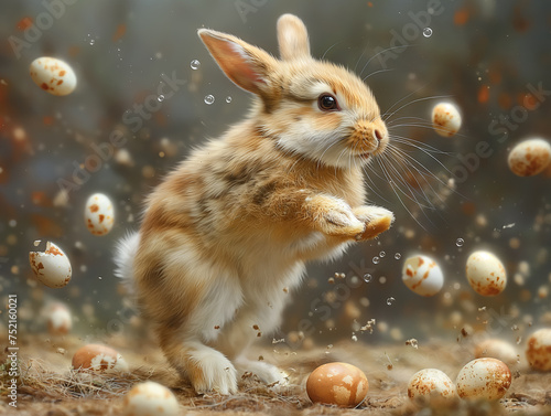 Cute bunny jumping around easter eggs. Concept of happy easter day. space for text
