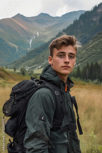 caucasian young men Hiking/Trekking in the mountains