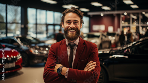 Smiling bearded sales consultant against the backdrop of luxury vehicles in a car showroom © amixstudio