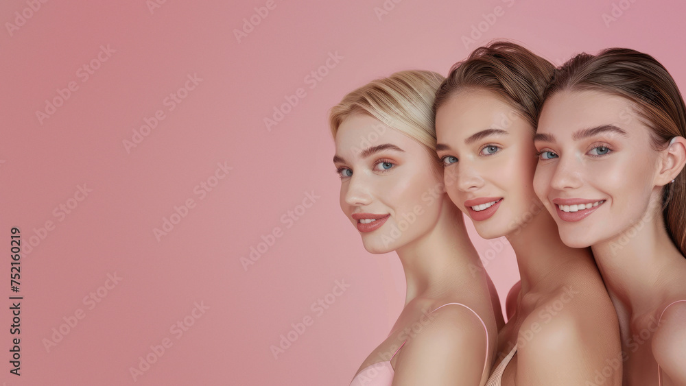 Image of three smiling women, with focus on their profile views against a soft pink background, ideal for beauty concepts Image of three smiling women, with focus on their profile views against a soft pink background, ideal for beauty concepts