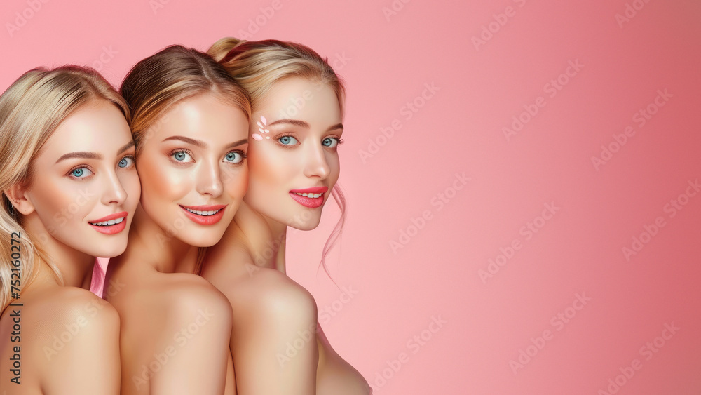 Image captures three cheerful women with close-up on their smiling faces against a pink backdrop, perfect for beauty themes Image captures three cheerful women with close-up on their smiling faces against a pink backdrop, perfect for beauty themes