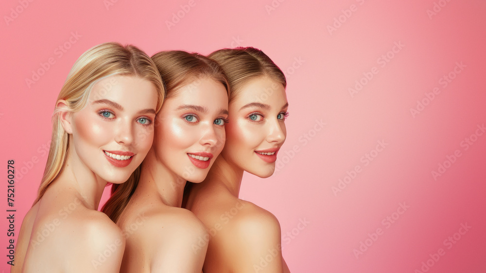 Three women facing the camera offer gentle smiles against a pink background, ideal for skincare and beauty concepts Three women facing the camera offer gentle smiles against a pink background, ideal for skincare and beauty concepts