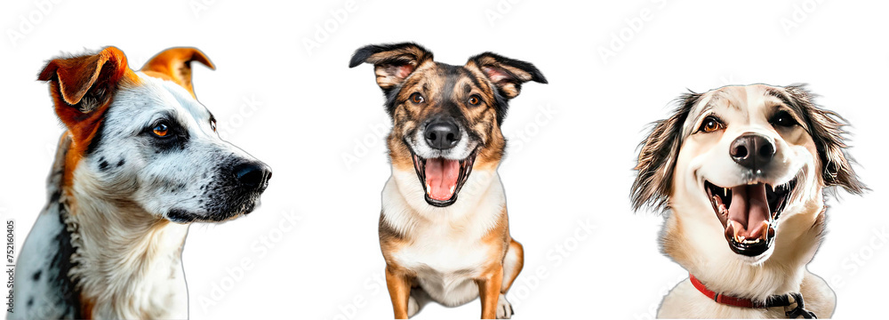 Dogs isolated on white. Three cheerful dogs of varying breeds and markings, presented in PNG format with transparent backgrounds.