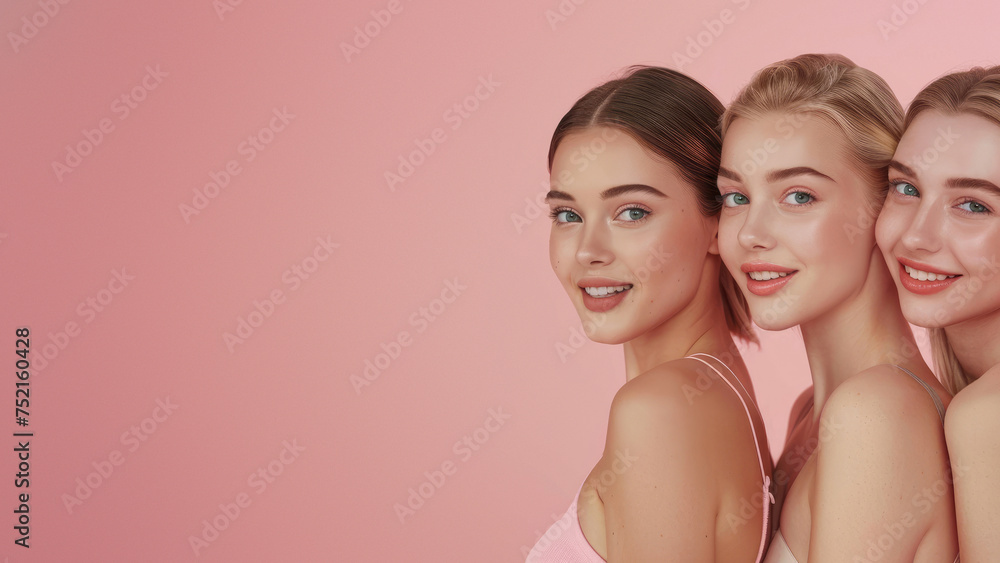 Trio of diverse women with radiant complexions and confident smiles on a pink backdrop Trio of diverse women with radiant complexions and confident smiles on a pink backdrop
