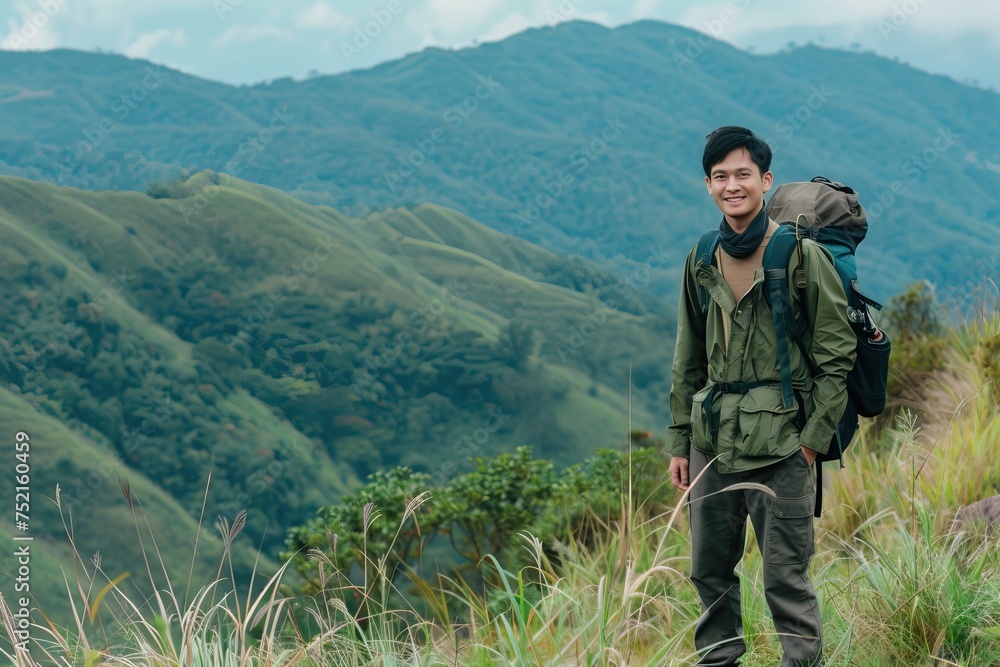asian young men Hiking/Trekking in the mountains