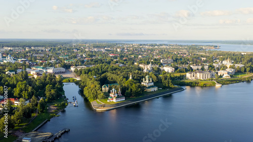 Uglich, Russia - August 16, 2020: Uglich city from the air, Uglich Kremlin, the main attraction of the city. Early morning, Aerial View