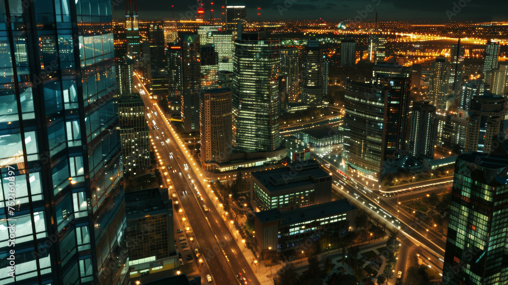 Dazzling city skyline at twilight captured from urban high-rise.