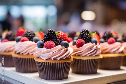 Many identical fruit cupcakes with berry mix and pink frosting topping in pastry shop photo